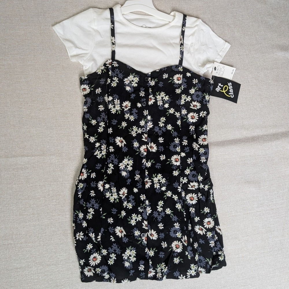 Art Class Dress Set Girls Size S (6/7) Black NWT Floral 2-Piece T-Shirt Daisy